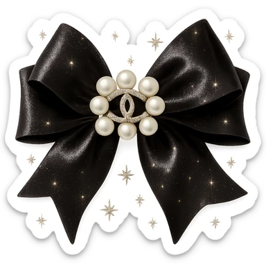 Add a solid white background behind the elegant bow with pearls and gold Chanel logo, sparkling effects, glossy, black and white, realistic style. sticker