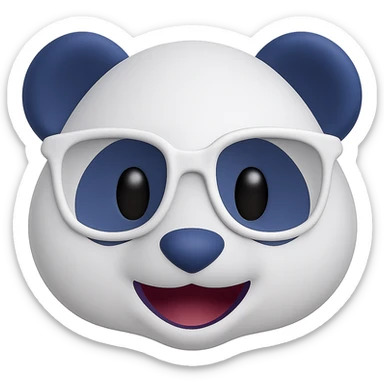 Create a 3D emoji of a panda face inspired by the classic panda emoji style but with a white and rich blue color scheme instead of white and black. The panda should wear stylish white designer glasses. Keep the look playful and modern, with a smooth 3D finish. Remove the background. sticker