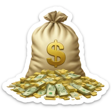 Big bag of cash overflowing. Next to a pile of gold sticker
