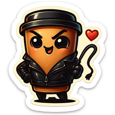 Tall coffee cup, dressed in leather holding a whipping crop, mischevious, heart sticker