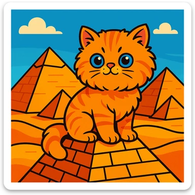 a vibrant cartoon style Persian kitten on an Egyptian pyramid sticker