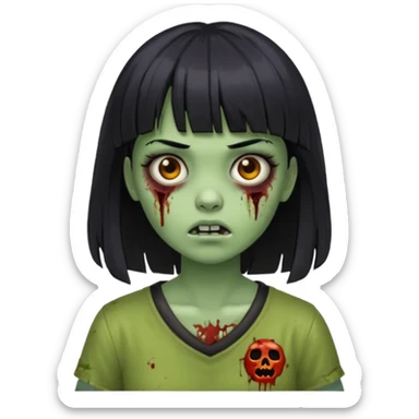 zombie girl with black hair, bangs, greenish skin sticker