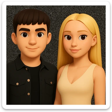 Slightly increase the volume of the upper body of the girl, significantly spread them apart from each other, make the skin color the same for both characters, while preserving the cartoonish 3D style as in the reference image. sticker