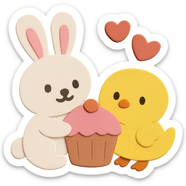 Remove the background completely and make it fully transparent, keeping the bunny, chick, cupcake, and hearts intact sticker