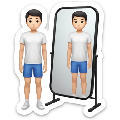 A young Asian guy is sadly examining his body in a full-length mirror. sticker