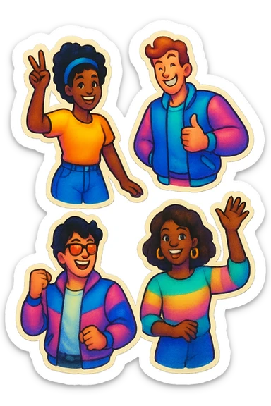 A group of friends in retro stickers style, with diverse characters and a fun design sticker