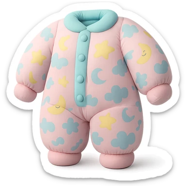 cushion style onesie pajamas with playful patterns, soft and puffy look, pastel colors sticker