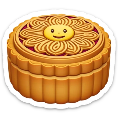 Chinese mooncake with pattern on top for Mid-Autumn Festival, simplified emoji style with bold outlines and bright colors, cartoon style Yue Bing dessert sticker