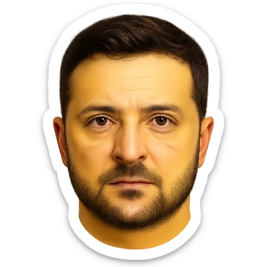 emoji-style portrait of Vladimir Zelensky with a yellow round face, very recognizable and detailed facial features, realistic eyes, hair, and beard, high quality sticker