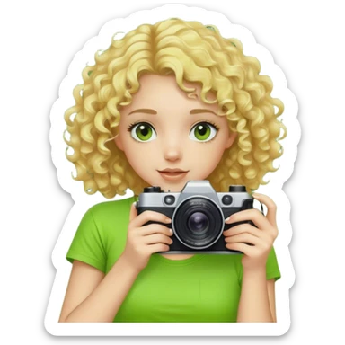 curly-haired blonde girl with fair skin in an acid green T-shirt with a camera in her hands sticker