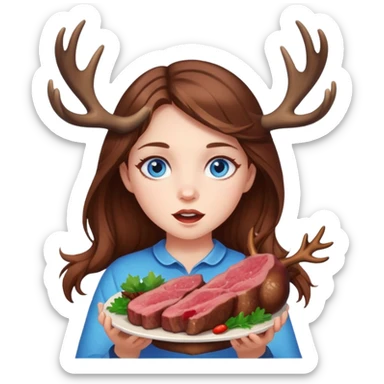 Girl with deer antlers eats meat, brown hair, blue eyes  sticker