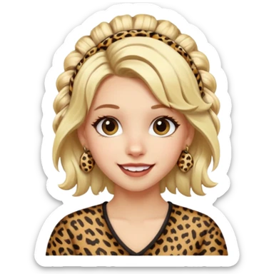 Une fille blonde et joyeuse. Elle porte une coiffure rock et originale avec des barrettes pour cheveux  léopard et motif peau de vache. sticker