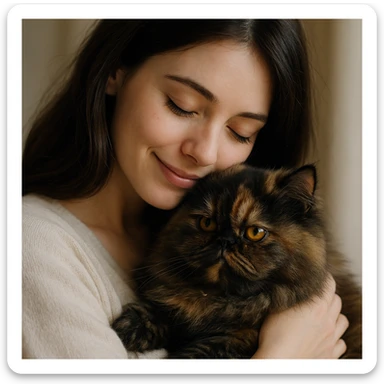 brunette girl cuddling a tortoiseshell Persian cat, gentle and sweet moment sticker