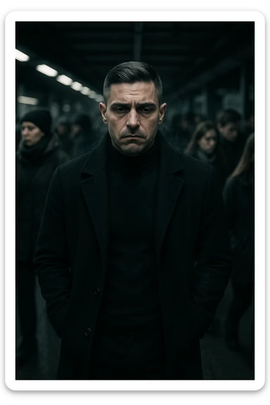 A cinematic shot of a man in his early 30s standing still in the middle of a crowded urban environment — perhaps a subway platform or office hallway — surrounded by blurred, cold-looking people facing away from him or speaking among themselves, ignoring him completely. The man has a heavy, emotionally drained expression, shoulders slightly slouched, hands in his coat pockets. He stands out in sharp focus while the others are dimly lit, grey-toned, and in motion blur. The lighting is harsh and cool, with strong shadows and low saturation to emphasize emotional isolation. A subtle dark aura or mist lingers around the man’s body, visually conveying the weight of negativity and emotional pressure. Shot in 35mm cinematic style, high realism, with a desaturated color palette and shallow depth of field sticker