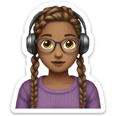 Brown hair girl, braids, brown eyes, violet sweater, headphones, clear glass, brown skin, and cat in hands sticker