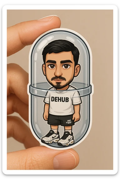 A highly detailed, all-glass gashapon capsule held between two fingers. Inside is a miniature chibi version of the person in the reference photo, with the same face, life-size chibi style. The chibi wears a white T-shirt with 'DEHUB', black 'Air Max' shorts, Air Max TN shoes, and white Nike socks. Emphasize the realism of the capsule and the collectible charm of the chibi figure inside. sticker