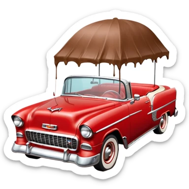 1955 Chevrolet Bel Air Convertible (Red-White color). The doors, bumper, hood and wheels are covered in sticky brown mud, which is clearly visible. Brown liquid mud is pouring out of the bucket from above. Aspect ratio: 1:1 sticker