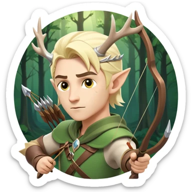 clash-of-clans-aesthetic-blond-male elf-archer-portrait-emoji, rendered in a flat, vector-style with minimal shading and bold holding his bow, simplified shapes, head tilted slightly forward with a determined, focused expression, riding a majestic white stag whose antlers glow with mystical energy, set against an ancient, enchanted forest backdrop. sticker