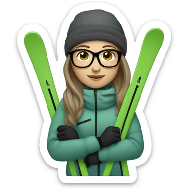 chubby female skier with long straight hair and green eyes, glasses, grey purple snow jacket, long black pants, black only snow boots and black skis sticker