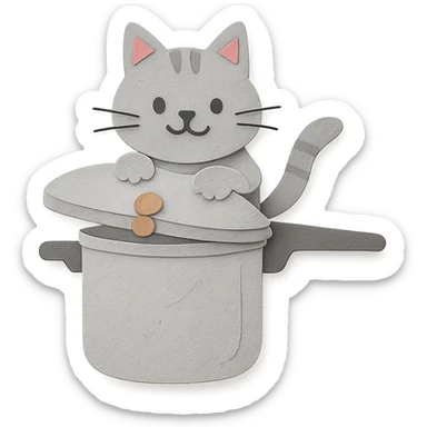 soft grey pressure cooker cat, popping out of the lid, playful expression, full-body sticker