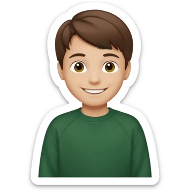 a smiling boy with brown hair and white skin he has dark eyes and he is wearing a dark green sweatshirt sticker