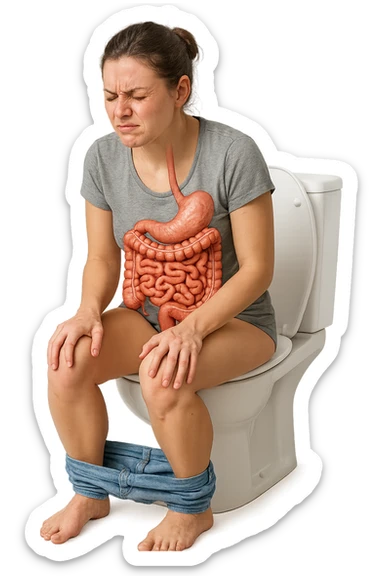 donna che si sforza per andare in bagno, seduta sul wc con intestino umano anatomico realistico in evidenza, sfondo bianco, iperrealistico 4k sticker