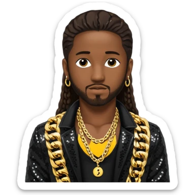 Omarion with long dark brown hair, black sequin jacket, shirtless with necklace sticker