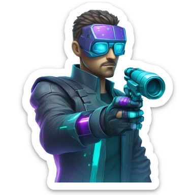 Secret human agent with  cyberpunk elements with a spyglass scanning looking reviewing multicolor lines of code, cyan and purple colors, only upper body portrait sticker