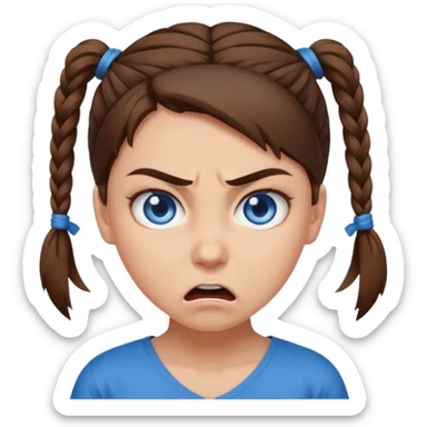 girl with blue eyes, brown hair tied up, angry sticker