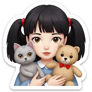  A girl with black eyes, red cheeks, black hair with straight bangs, and white face is holding a British gray cat and a brown teddy bear  sticker