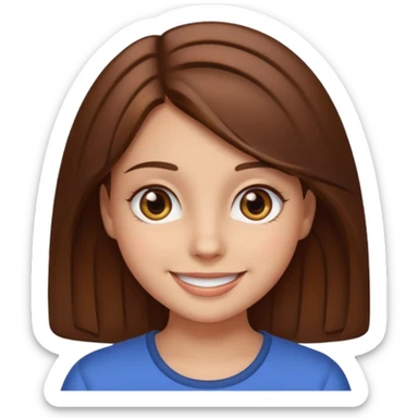 girl with brown hair and brown eyes, smiling, emoji style sticker