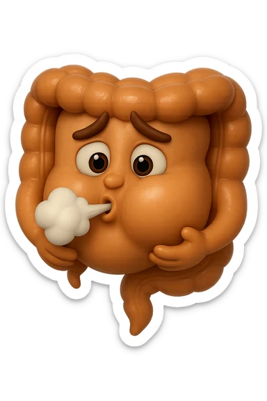 emoji stile iphone di un intestino che ingoia una nuvoletta di aria ben visibile e gli si gonfia la pancia, iperrealistico 4k sticker