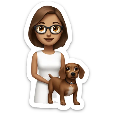 the brown hair girl with blue eye wear a white minimal dress and her brown sausage dog sticker
