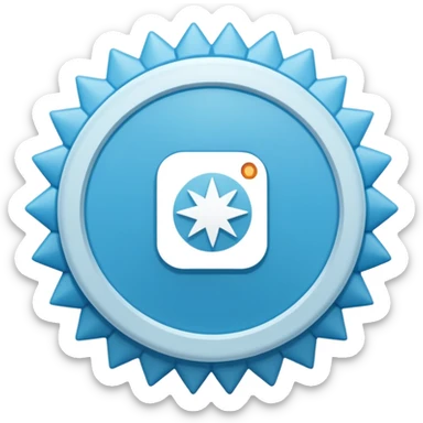 A high-resolution 2D icon of an Instagram-style verified badge. A vibrant light blue rounded-point starburst shape (rosette) with a clean, thick white checkmark in the center. Soft matte plastic texture. sticker