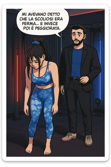fai questa immagine in versione fumetto/manga/webtoon a colori, il manga mostra la donna disperata con un fumetto sulla testa che dice:
Mi avevano detto che la scoliosi era ferma… e invece poi è peggiorata.
 sticker