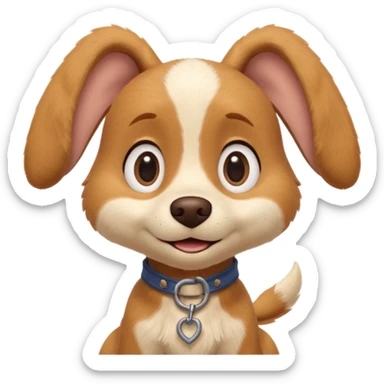 Boots the dog from Puss in Boots, Pixar / DreamWorks-style 3D render; cute, small dog with big round expressive eyes, floppy ears, and a sweet innocent smile; soft light-brown and cream fur with gentle texture; playful, loyal personality; polished animated-film quality;  sticker