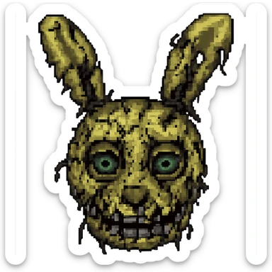 Make the close-up Springtrap face look even more broken, with extra cracks, missing pieces, and more exposed metal in pixel art style. Remove background. sticker