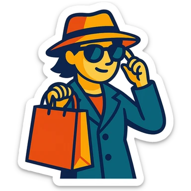 mystery shopper character holding a shopping bag, wearing sunglasses and a hat, vibrant toon style sticker