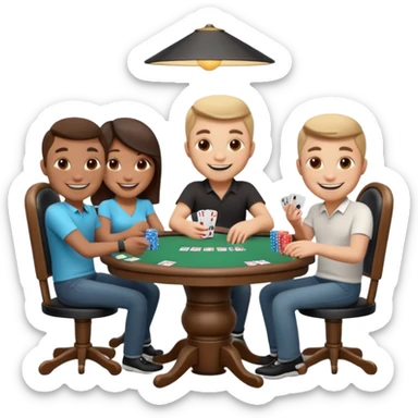 A 3D cartoon poker table with cards, chips, and smiling players, soft lighting, Memoji-style. sticker