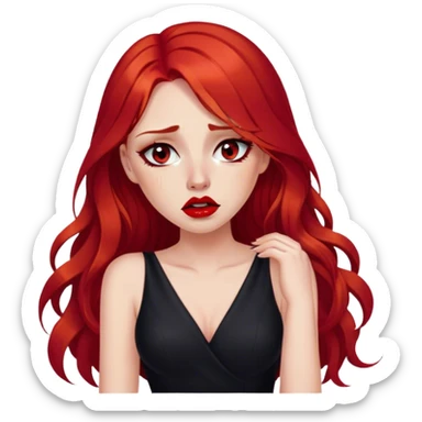 a crying woman with long red hair and red eyes. The woman wear a black little cutted dress. She have red lipstick and she have a seductive look. She cry tears sticker