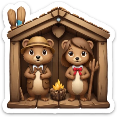  beaver man and female beaver with a bow in a wooden lodge made of sticks sticker