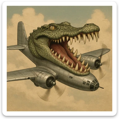 crocodile head with exaggerated sharp teeth seamlessly fused onto a WWII bomber plane metallic body with visible wings and spinning propellers, surreal and satirical inspired by Italian Brainrot memes sticker