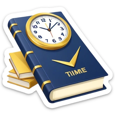A navy blue productivity book with gold details, running clock and chart with upward trend aura, radiating productivity, strategy, and success in motion with time and happiness yellow... power in time sticker