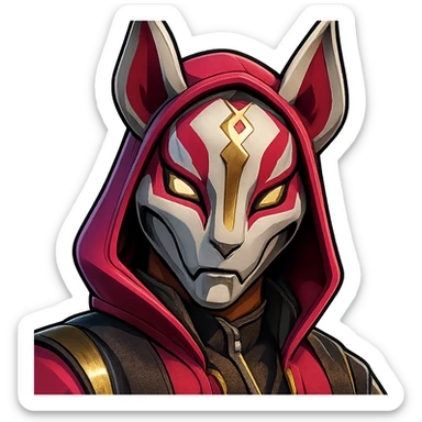 Fortnite Drift skin, close-up, fox mask, intense eyes, stylized, no text sticker