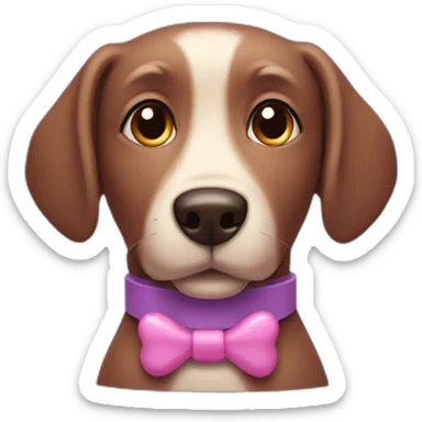 a purple dog with a brown nose and a pink collar with a bone eat cake sticker