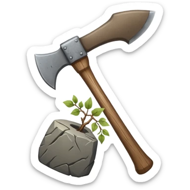 A sharp stone axe with wooden handle tied by vines.





 sticker