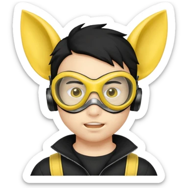 A teenage male with a yellow mask, ears, mouth, nose, and hair showing, white goggles, and black hair sticker