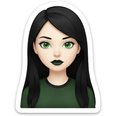 Black haired woman, green eyes, black lipstick, white skin, black t shirt, sharp face, long hair sticker