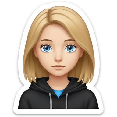 girl with blue eyes, shoulder-length brown hair with blonde highlights, wearing a black hoodie sticker