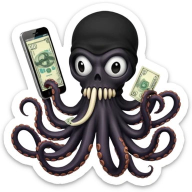satanic octopus skeleton with scary evil eyes, wearing a black balaclava. 1 tentacle is holding a cellphone, 1 tentacle is holding a bone, 1 tentacle is holding a stack of cash. sticker
